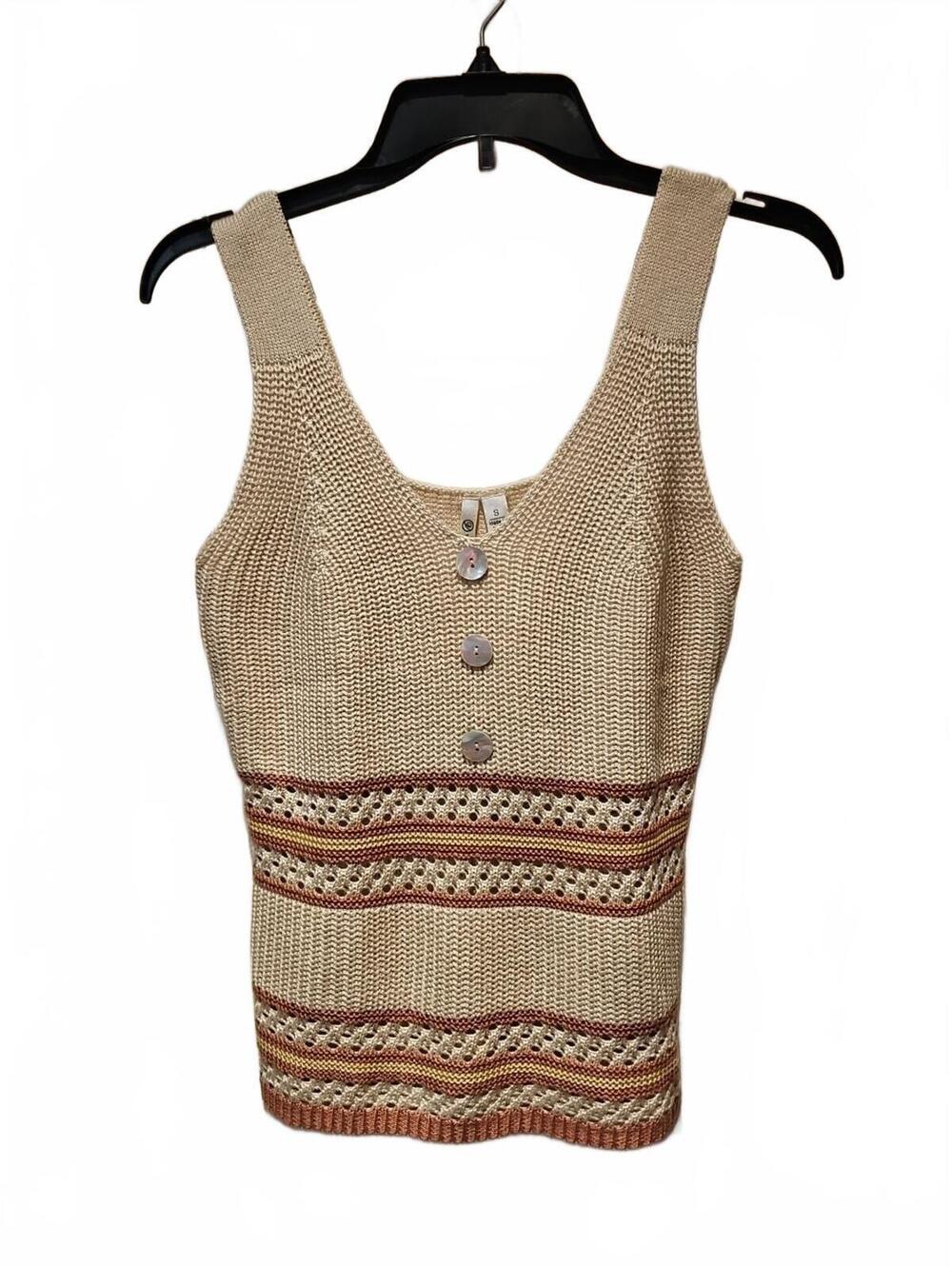 Versona Womens Knit Vest Small Tan/Mauve Vneck Straps Open Weave Soft Casual